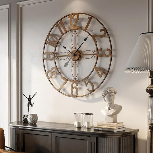 Large Retro Rustic Bronze 36 Inch Silent Non-Ticking Battery Operated Metal Round Arabic Numerals Analog Wall Clock for Living Room, Kitchen, Office, Bedroom, Dining Room