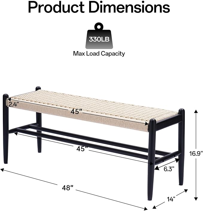 Solid Wood Entryway Bench with Shoe Storage, Rustic Oak Wood and Woven Design 45 Inch Long Seating for Living and Dining Rooms,Black