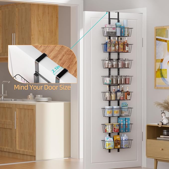 8-Tier Over the Door Organizer with Baskets - Metal Spice Rack Hanging Storage Rack for Pantry, Kitchen, Spices & Laundry, Adjustable Shelves, Heavy Duty Hanging Storage Organizer Door Mount, Black