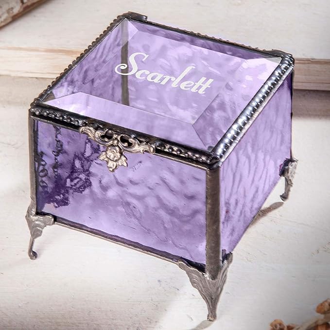 Personalized Engraved Jewelry Box Decorative Vanity Display Stained Glass Keepsake -J Devlin Box EB217-1 (Purple)