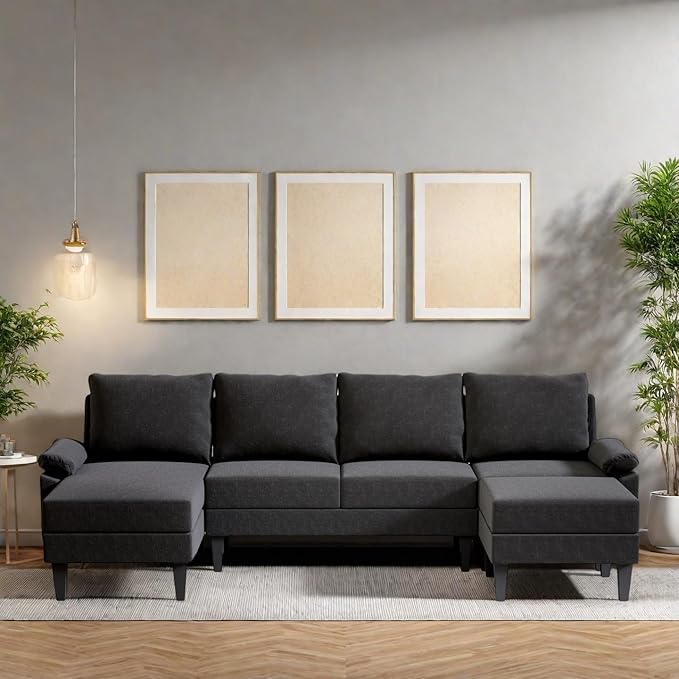 FONTOI 115 Inch U Shaped Sectional Couch with Chaise, 5-Seat Sofa with Moveable Ottoman, Modern Modular Sofa for Living Room, Apartment, Black