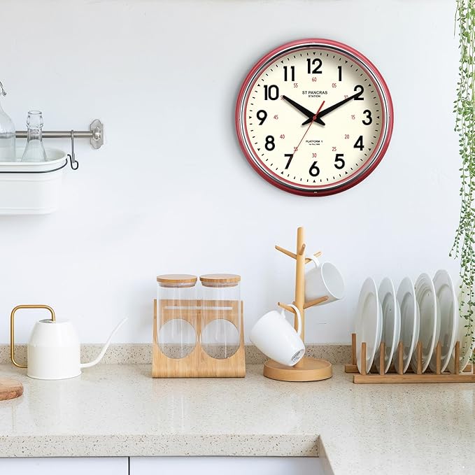 Wall Clock Metal 12.4" Countryside Style Wall Clocks Retro Vintage Classical Silent Non Ticking Easy to Read for Living Room/Kitchen/Bedroom/Office/Bar(12.4" Red)