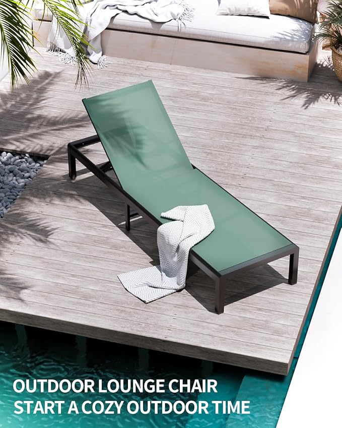 Aluminum Lounge Chairs Outdoor Chaise Furniture,2 Sets Patio Metal Deck Lounger Adjustable 5-Position Poolside Chase Recliner with Wheels for Beach,Coffee Table, (Green, 1 Chair)
