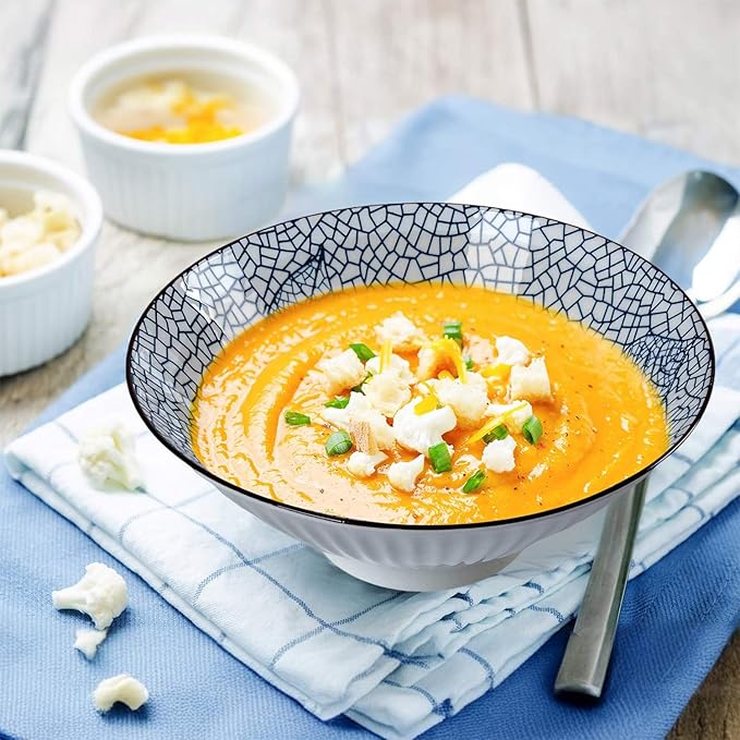 38 oz Japanese Ramen Bowl Set of 6 - Large 8 Inch Ceramic Soup Bowls, Blue and White Japanese Noodle Bowls for Pho, Ramen, and Salad - Leaf Patterns