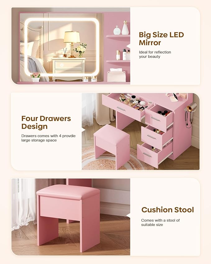 Makeup Vanity Desk Set, 35.4" Wx15.7”Dx53.9“H, Pink (Smart LED Mirror, with Cushion Stool, Hairdryer Rack, Power-Outlet, 4 Drawers, Open Shelves)
