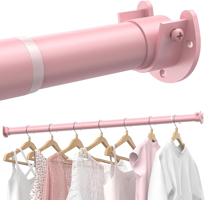 Closet Rods for Hanging Clothes, 17 to 99 Inches Stepless Adjustable Metal Closet Rod, 1.3 Inches Heavy Duty Clothes Hanging Rod for Closet Wardrobes Laundry RV, Pink
