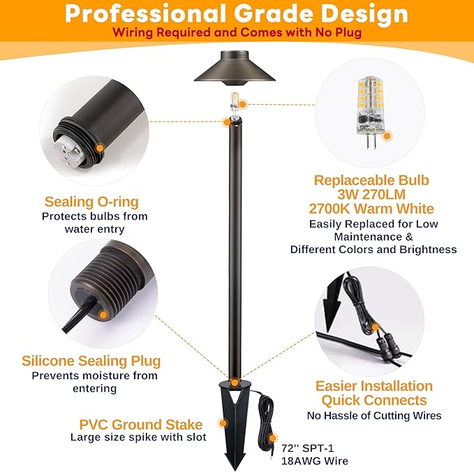 Brass Landscape Path Lights - 12V Low Voltage Pathway Light IP65 Waterproof, LED Outdoor Walkway Lighting Wired, Hat Bronze for Patio Lawn with 3W 2700K Warm White G4 Bulb (10 Pack)