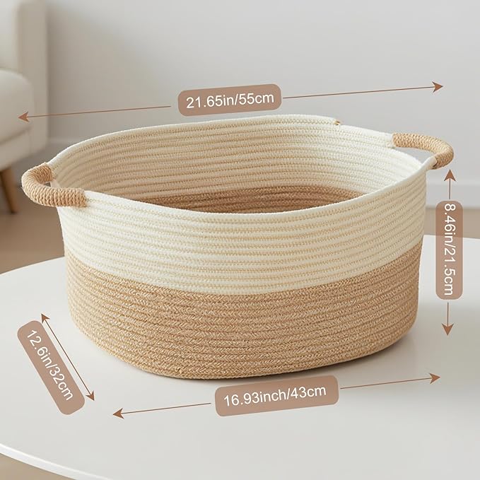 Small Woven Laundry Basket, Cotton Rope Storage Basket for Bedroom, Nursery & Bathroom – Toy Storage Organizer (Small(21.65" L x 12.6" W x 8.46" H))