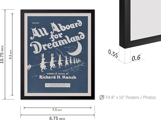 Poster Master All Aboard For Dreamland Poster - Retro Children's Lullaby Print - Story Book Art - Bunny Art - Rabbit Art - Aesthetic Art - Kid's Bedroom or Nursery Wall Decor, 8x10 Black Framed