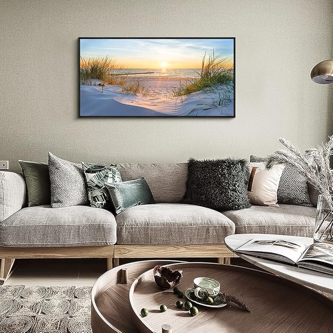 MHARTK66 Sea Beach Framed Canvas Wall Art For Living Room Wall Decor For Office Bedroom Wall Decorations Sun Seascape Large Painting Blue Ocean Canvas Pictures Artwork Black Wood Framed 20" X 40"