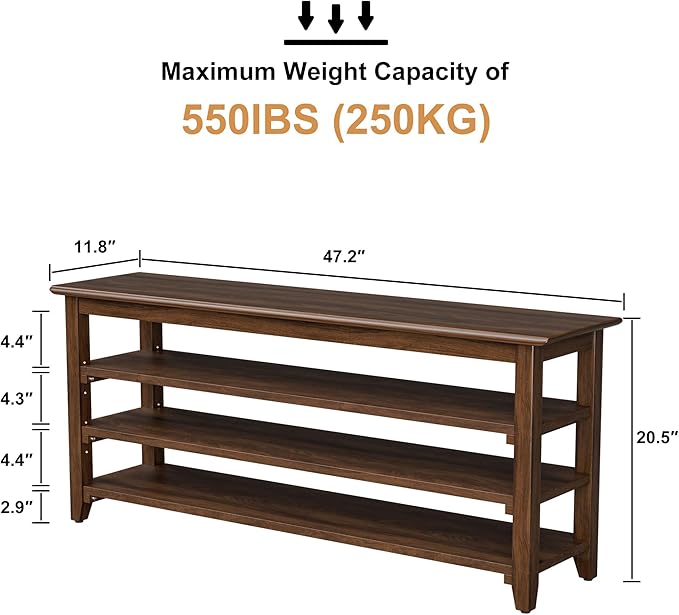 Wooden Storage Shoe Bench, Entryway Bench with 3-Tiers Height Adjustable, Shoe Rack Front Doors Entrances for Hallway Living Room,Mudrooms (Brown,47.2")