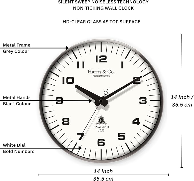 HARRIS & CO. CLOCKMASTERS ( 14 inch Premium Luxury Metal Wall Clock with Glass and Silent Sweep Noiseless Technology, Gun Gray Metal Frame Model Name - Park Lane