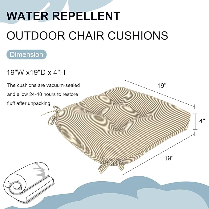 Set of 2 Outdoor Tufted Chair Cushions 19"x19"x4", Water Repellent Patio Seat Cushions with Ties, Replacement Chair Pads for Wicker Dining and Patio Furniture - Stripe Beige