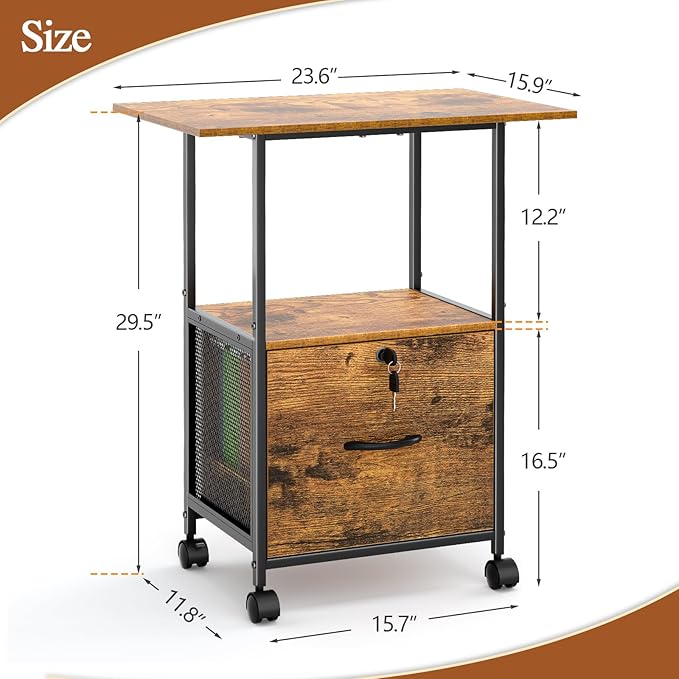 File Cabinet Small Filing Cabinet with Lock Printer Stand with Storage, Rolling File Cabinet with Drawer Vertical File Cart with Wheels, Lockable Filing Cabinet for Home Office