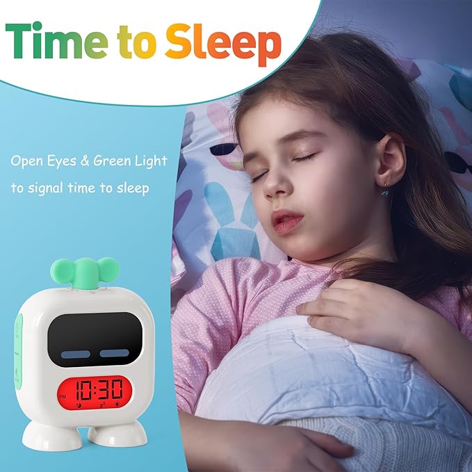 Kids Alarm Clock Ok to Wake with Green Light Red Light, Nap Timer, Robot Toddler Sleep Training Clock for Children (Green)