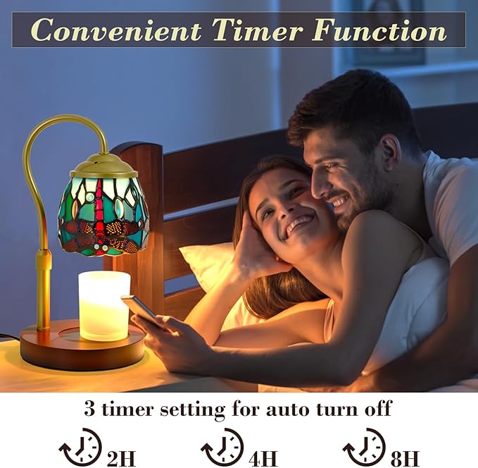 Candle Warmer Lamp with Timer Dimmer, Adjustable Height Candle Warmer for Jar Candles, Birthday Gifts for Women New Home Bedroom Decor Tiffany Dragonfly Style Stained Glass with 2 Bulbs