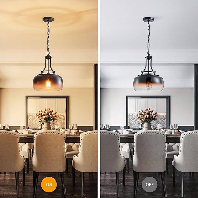 WUZUPS Chandelier Rustic Farmhouse Industrial Round Ceiling Pendant LED Light Fixture with Amber Gradient Black Glass Shades for Dining Room Kitchen Island Foyer Entryway, H 17" x W 13.4", E26 Base