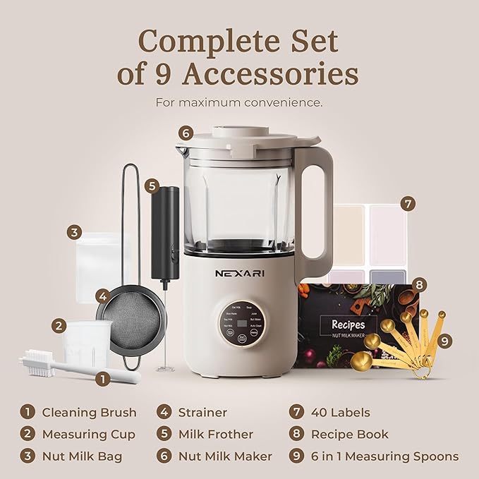 9 pcs Nexari 8-in-1 Nut Milk Maker Machine – 1.2L Stainless Steel & Glass | Almond, Oat, Soy, Coconut Machine | Blenders | Plant-Based Smoothie Blender, Milk Frother & Milkshake maker | Self-Cleaning
