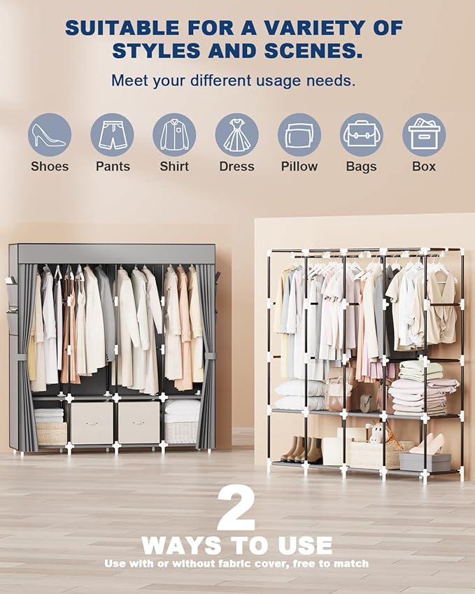 Mavivegue Portable Closet Wardrobe, Clothes Organizer with 4 Hanging Rods, Non-Woven Fabric Cover, Large Capacity Storage for Bedroom and Living Room,Gray, 67" W x 17" D x 67" H