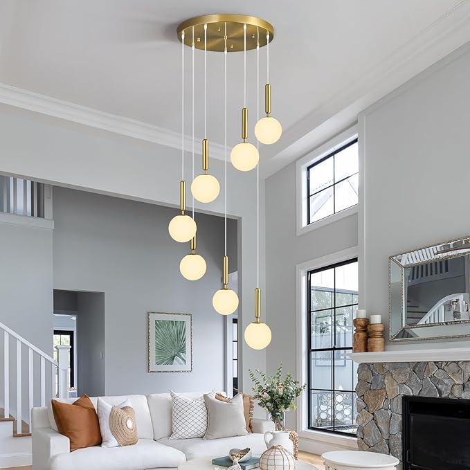 7-Lights Gold Chandelier with Milk White Glass Hanging Fixture Light for Kitchen Island Mid Century Modern Globe Pendant Light for Foyer Living Room Entryway Hallway