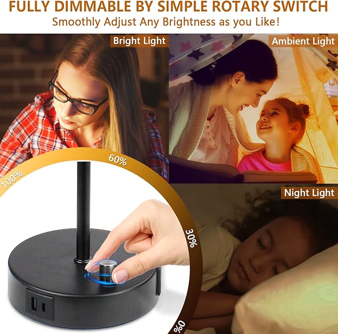 HiBay 17.75" H Dimmable LED Bedside Table Lamp with USB Charging Ports & AC Outlet, Modern Black Nightstand Light for Bedroom, Office, Living Room, Kids Room, Round Fabric Shade, E26 Bulb Included