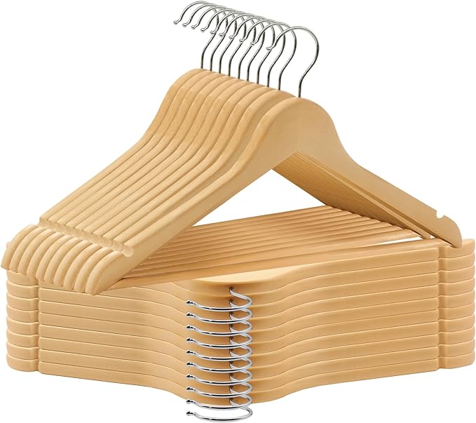 20 Pack Wooden Coat Hangers, 360° Swivel Hook, Suit Hangers with Anti-Slip Notches, Clothes Hangers for Jackets, Shirts, Dress, Natural UAWY0520N
