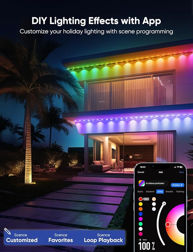 APPECK Permanent Outdoor Lights Pro 100ft, 72W RGBCW Eaves Lights with 72 LED Lights, 80lm, Cuttable, 111 Scene Modes, IP67 Waterproof Lighting for Christmas Decoration, Compatible with Alexa, White