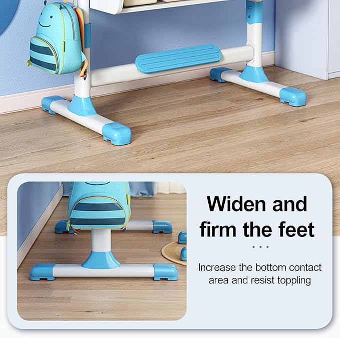 Kids Desk and Chair Set, Height Adjustable Kids Study Table and Chair Set, Children School Desk with Storage Drawer and Book Stand, Ergonomic Child Toddler Deskwith Sitting Posture Corrector (Blue 3)