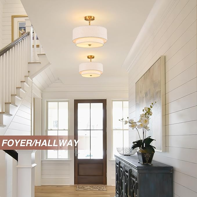 16" Semi Flush Mount Ceiling Light, Gold 3 Light Double Drum Fabric Lampshade Lighting Fixture for Living Room, Bedroom, Dining Room, Kitchen, Hallway (Swivel Canopy for Sloped/Flat Ceiling)