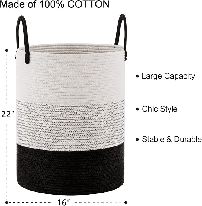 Woven Rope Laundry Hamper Basket, 72L Tall Laundry Basket, Baby Nursery Hamper for Blanket Storage in Bedroom-Large-Dark White