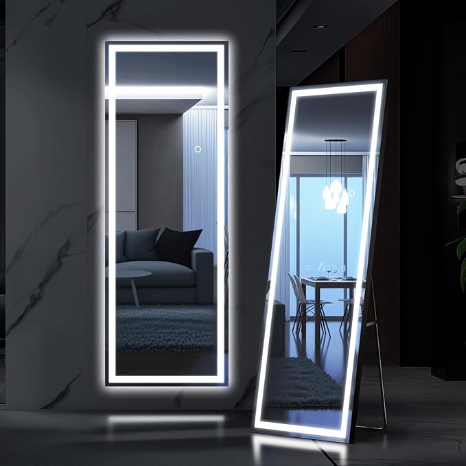 56"x18" Full Length LED Mirror with Lights, Dimmable Standing/Wall Mirror for Bedroom, Full Body Lighted Floor Mirror, Tempered Glass