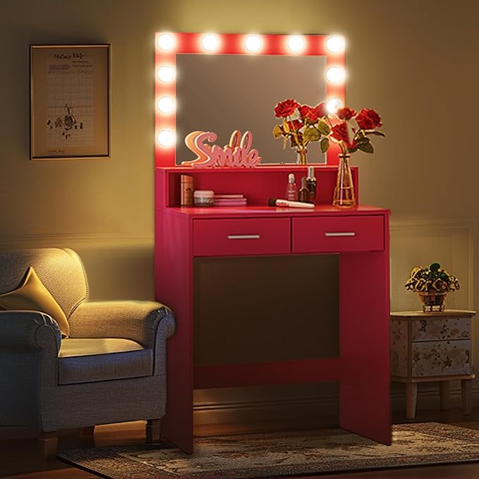 MIRROTOWEL Vanity Desk with Mirror and Lights, Dressing Table with Large Drawer, 2 Level Storage Dresser & 3 Lighting Modes Adjustable Brightness, Suitable for Bedroom