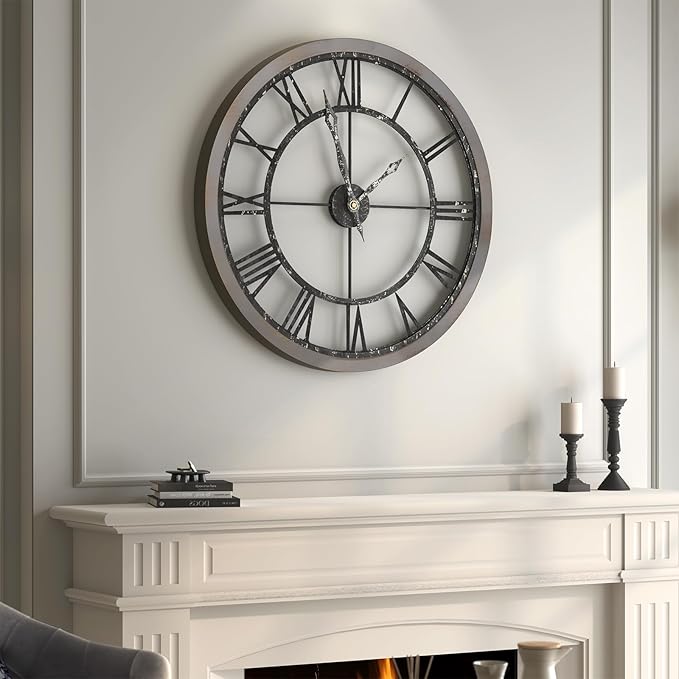 Large Wall Clock 24 Inch, Big Round Clock Decorative Battery Operated with Solid Wood Frame Non-Ticking Silent, Farmhouse Wooden Wall Clocks for Living Room, Kitchen, Office