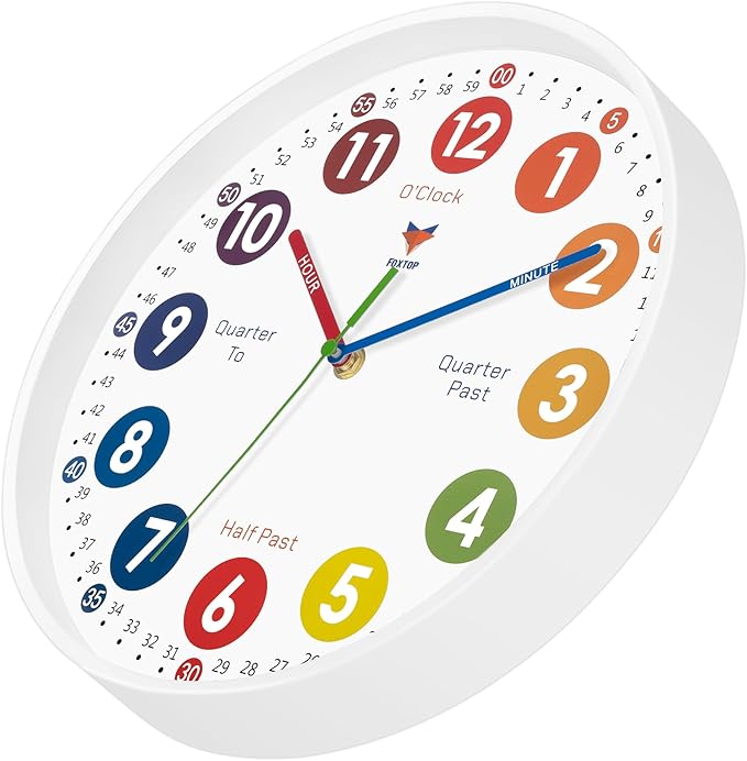 Foxtop Learning Clock for Kids - Telling Time Teaching Clock 12 Inch Silent Non-Ticking Battery Operated Analog Kids Wall Clock for Kids Room Playroom Nursery Classroom School (White)