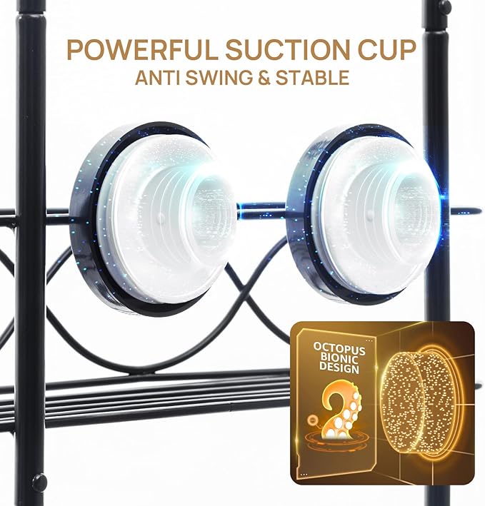 LEVERLOC Over The Door Shower Caddy, Shower Hanging Organizer Sturdy Rust Proof Bathroom Shelves with Strong Suction Cup and Reliable Hooks, Bath Basket Storage Rack, Metal Black