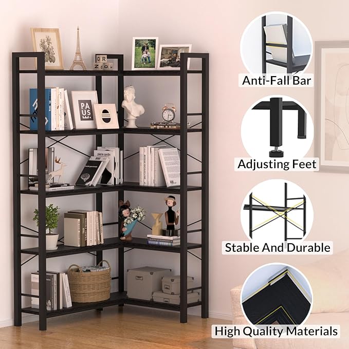 5-Shelf Corner Bookshelf, Large Open Shelf Bookcase,Black Metal Frame, L-Shaped Storage Rack with Cross Braces for Living Room Home Office