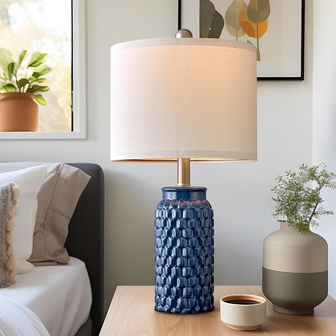 20.5 inches Modern Ceramic Dark Blue Bedside Lamp Set of 2 for Bedroom Decor Farmhouse Table Lamp for Living Room Office Dorm