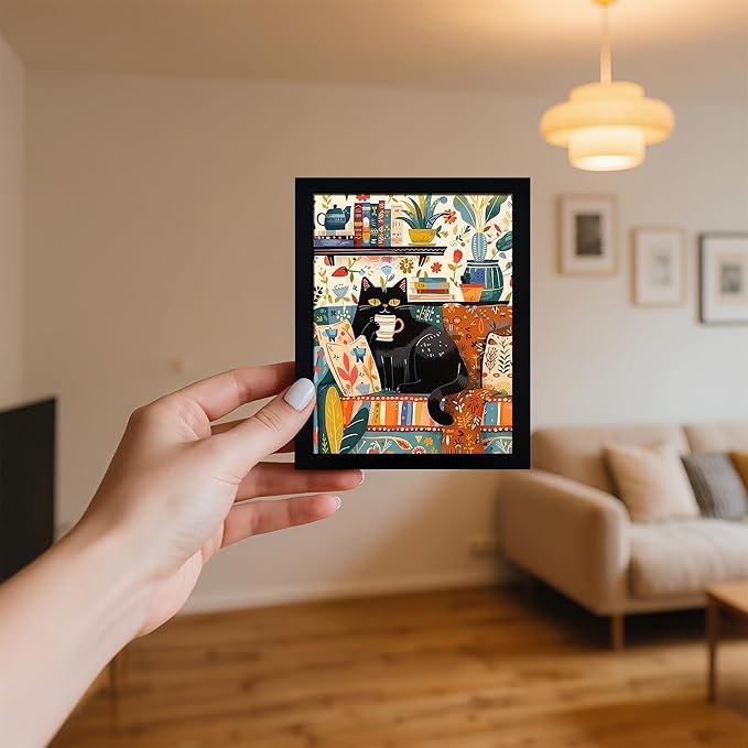 Framed Vintage Cat Canvas Wall Art, Funny Pink Animal Reading Books Painting Picture Print, Cute Kitten Lovers Aesthetic Wall Decor for Nursery Girls Room Bedroom Kids Room 10''L x 8''W