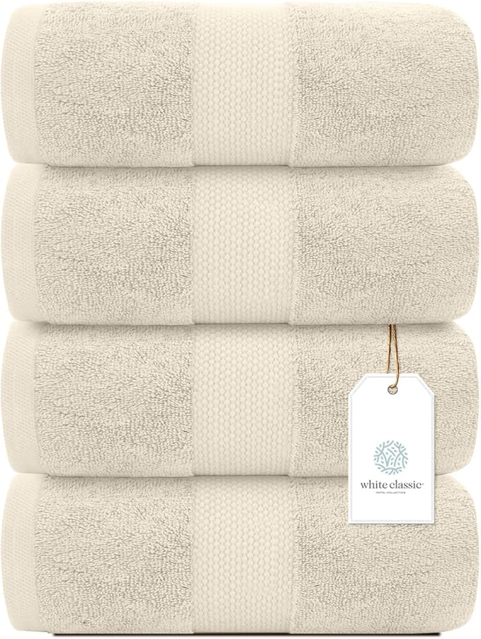 White Classic Luxury Bath Towels Set of 4 Large - 700 GSM Cotton Ultra Soft Bath Towels 27x54 | Highly Absorbent and Quick Dry | Hotel Towels for Bathroom Luxury, Plush Shower Towels, Ivory
