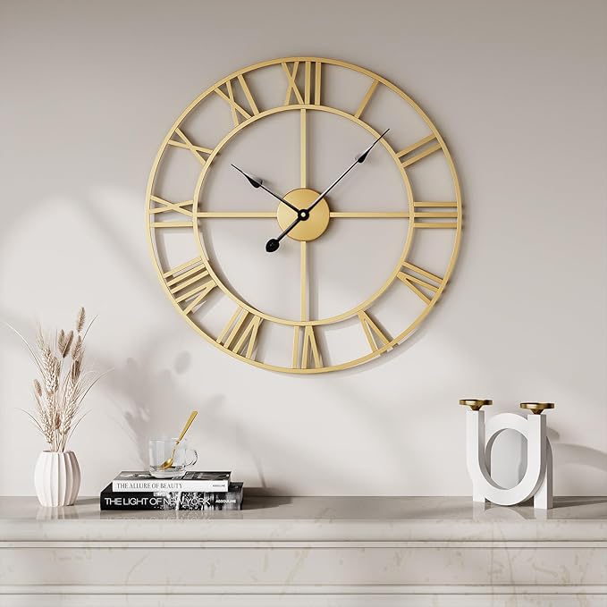 Wall Clock Large Gold Clocks 20 Inch, Silent Non-Ticking Battery-Operated Modern Metal Round Wall Clock Decorative for Living Room, Kitchen, Mantel - Roman Numerals