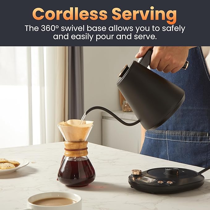 Elite Gourmet EKT3001 1L Digital Water Kettle, 304 Stainless Steel Interior, Programmed Temperatures, Keep Warm Function, Cordless, 360° Base, Auto Off & Audible Indicator, Matte Black