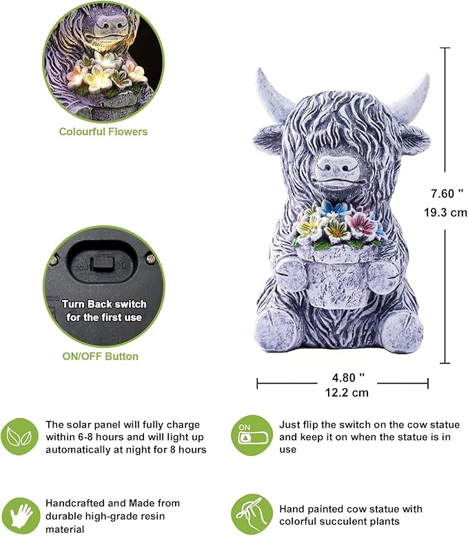 Nacome Solar Garden Highland Cow Holding Succulent Planter with LED Lights Outdoor Decor for Outside Yard Patio Balcony Porch Decorations - Birthday Gifts Mom Grandma Women(Grey)