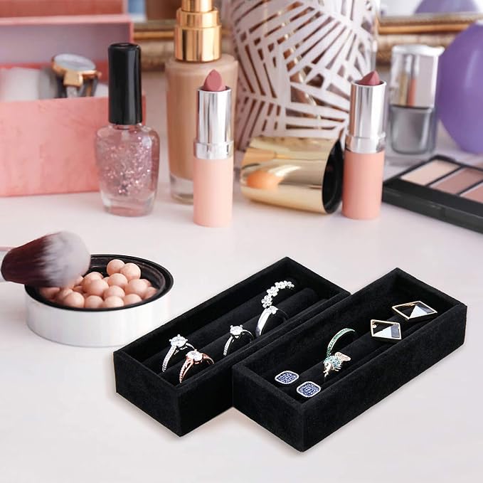 DesignSter Small Jewelry Tray, 2PCS Ring Organizer, Velvet Jewelry Display Tray, Stackable Jewelry Organizer Trays, Jewelry Drawer Organizer Inserts For Dresser, Jewelry Box (Black)