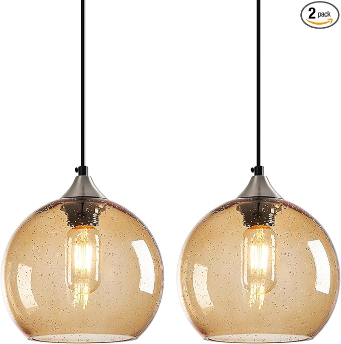Light Brown Glass Pendant Lights Kitchen Island Lighting Globe Pendant Light Fixtures Modern Pendant Lighting for Bedroom Living Dining Room Light Fixture (7.87 in, 2 Pack)
