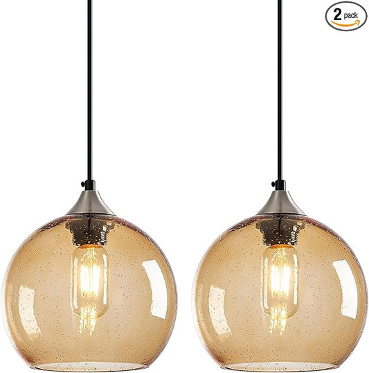 Light Brown Glass Pendant Lights Kitchen Island Lighting Globe Pendant Light Fixtures Modern Pendant Lighting for Bedroom Living Dining Room Light Fixture (7.87 in, 2 Pack)