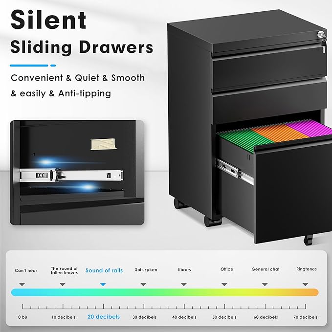 Greenvelly 3 Drawer Mobile File Cabinet with Lock, Fully Assembled Rolling File Cabinet Except Casters, Under Desk File Cabinet with Wheels for Home Office Fit Legal/Letter/A4 File (Assembled, Black)