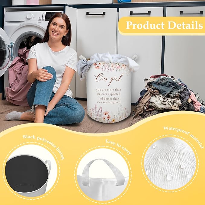 Baby Girl Laundry Basket, Boho Floral Wildflower Waterproof Collapsible Laundry Hamper Dirty Clothes Storage Toy Bin Organizer for Toddler Girls Room Nursery Bedroom Bathroom Kids Room