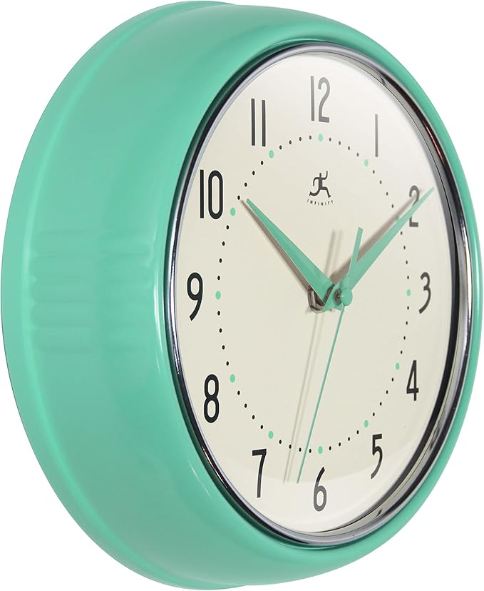 Infinity Instruments LTD. Retro 9 inch Silent Sweep Non-Ticking Mid Century Modern Kitchen Diner Wall Clock Quartz Movement Retro Wall Clock Decorative (Mint Green)