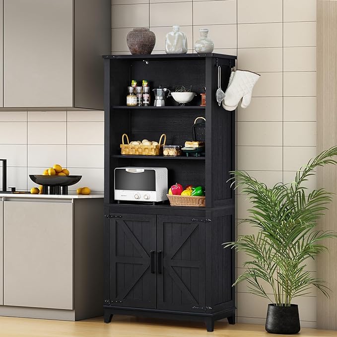 70in Tall Bookshelf 5 Tier Bookcase with Barn Doors and Adjustable Shelves, Black Farmhouse Book Shelf with Storage Cabinet, Wood Freestanding Display Bookshelves for Bedroom, Living Room