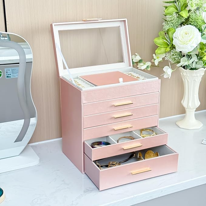 BOOVO Jewelry Boxes for Women, White and Black 6 Layer Large Jewelry Box for Necklace, Bracelet, Earrings, Rings Storage, Jewelry holder Organizer for Girls Gift (Rose gold, 6 layer)